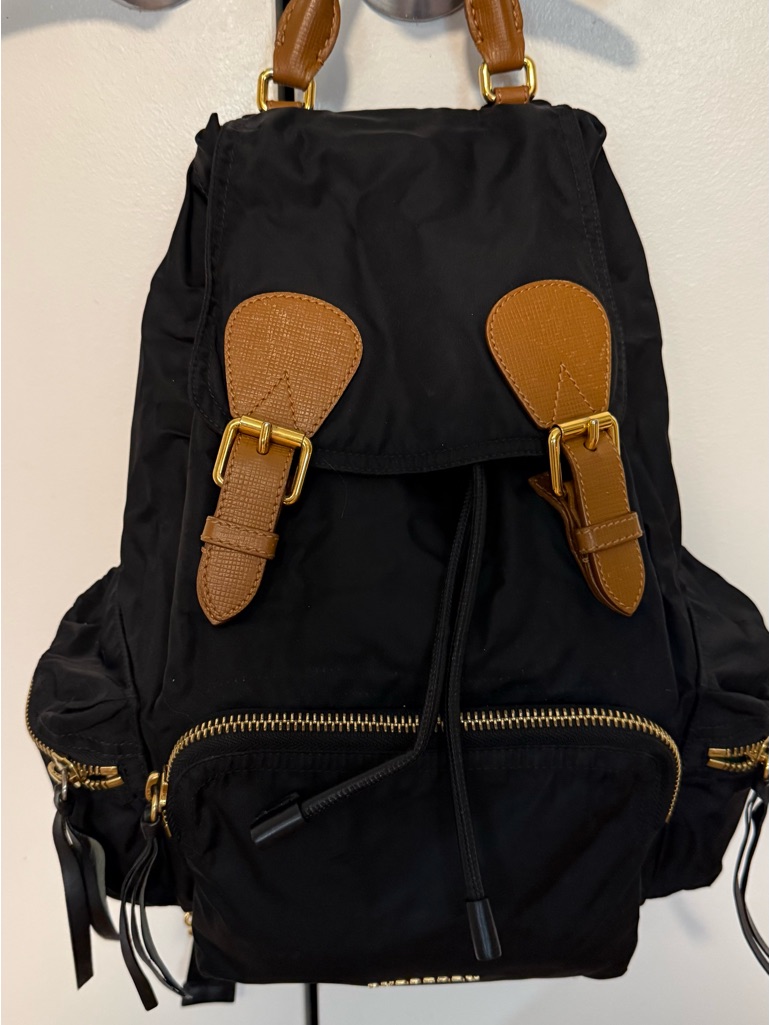 Black Nylon Backpack With Brown Trim - Men